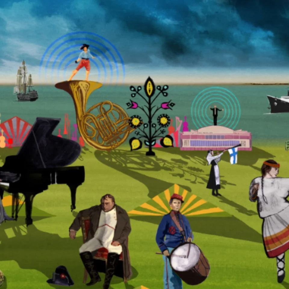 An artwork green landscape with a dark stormy sky above and a sea behind it as a radiating sun casts long shadows on various elements, including a sad Napoleon, Florence Price playing the piano, Shostakovich in an air warden uniform, a woman in traditional Slavic dress dancing, a steamboat, a stadning drummer in uniform, the Royal Festival Hall with a conductor standing on top, the mythical snake woman Lamia, a french horn, a woman blowing a horn with the Finnish flag hanging off of it, a portrait of Beethoven, and mountains dotted throughout..