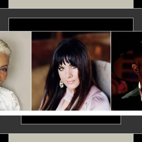 Photos of Dionne Warwick, Rumer and Shaun Escoffery on a geometric background.