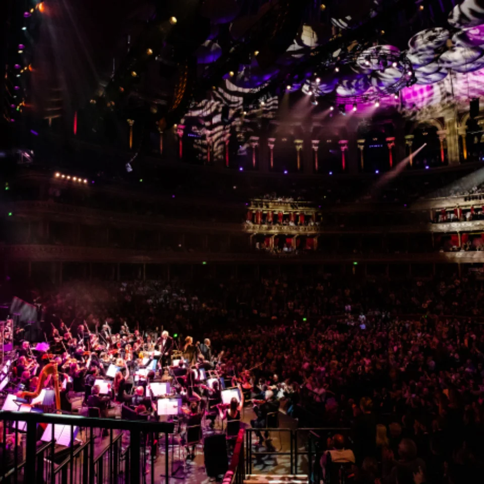 Orchestra playing in front of an audience in a large concert hall