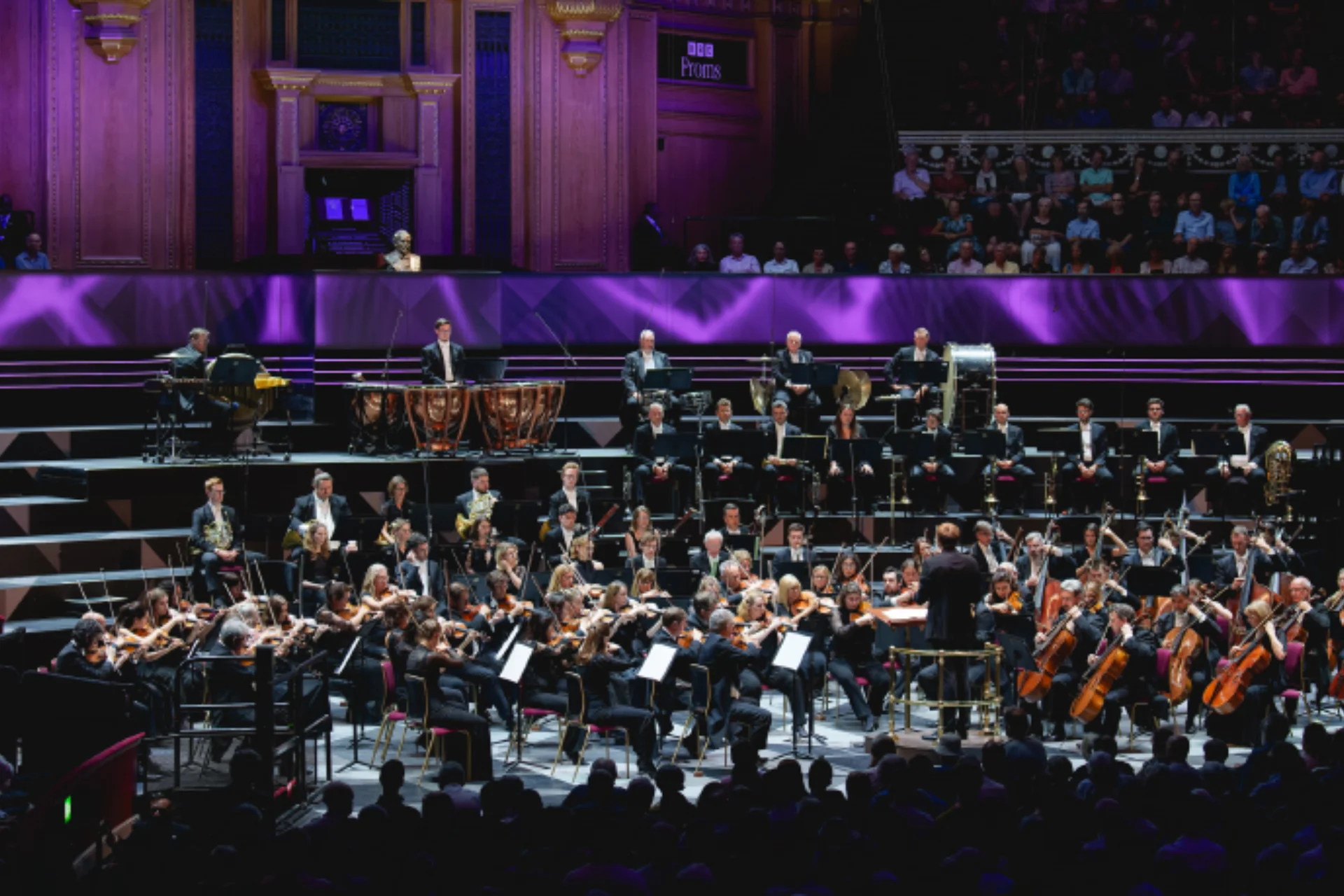 Orchestra playing in front of an audience in a large concert hall