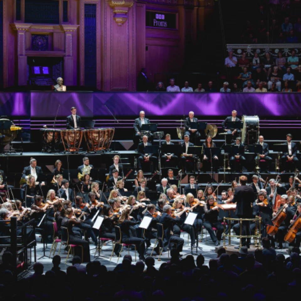 Orchestra playing in front of an audience in a large concert hall