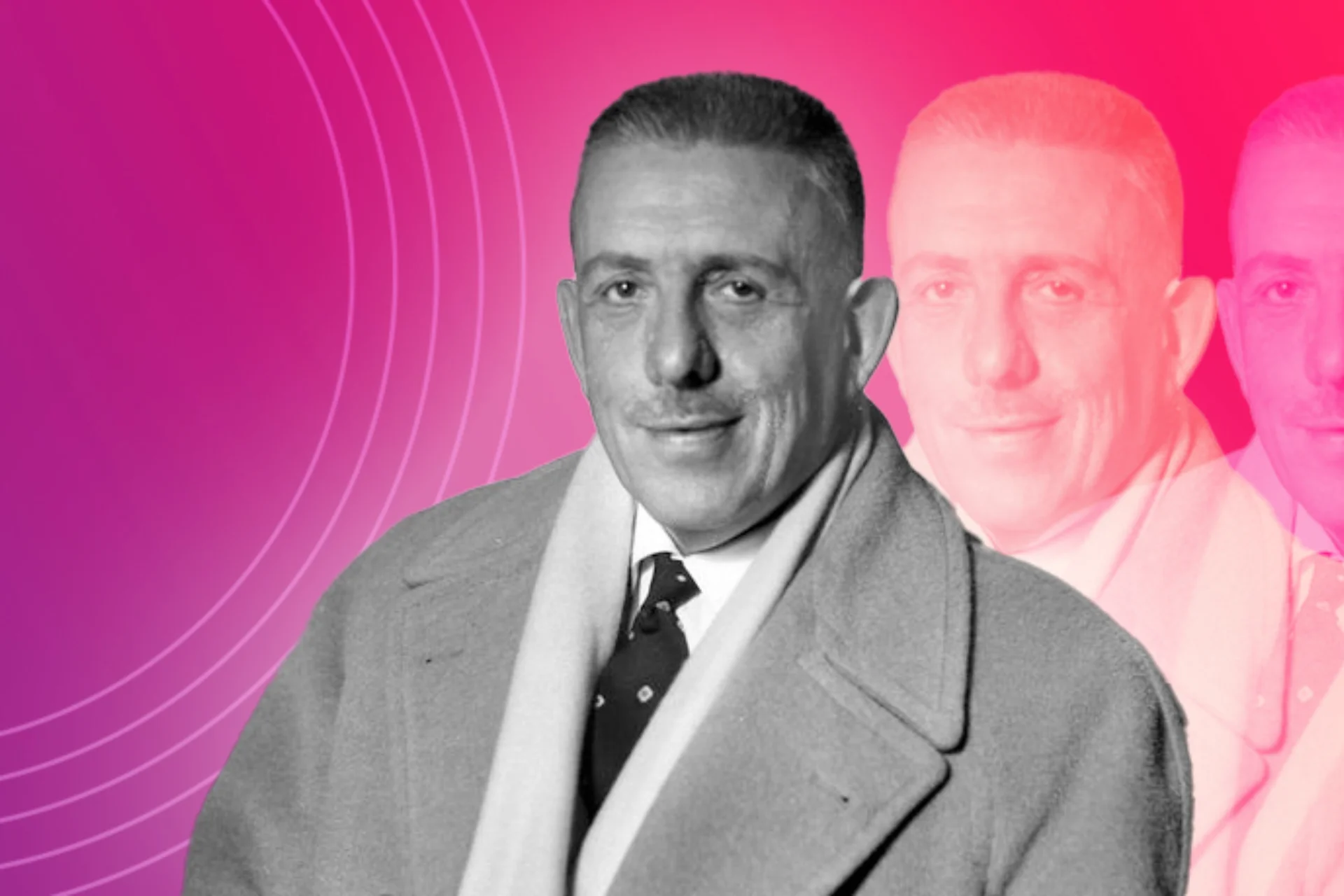 Black and white photo of Poulenc on pink background