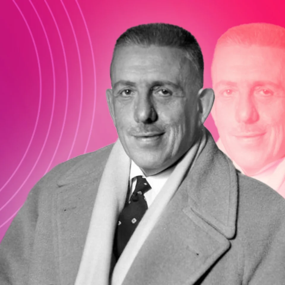 Black and white photo of Poulenc on pink background