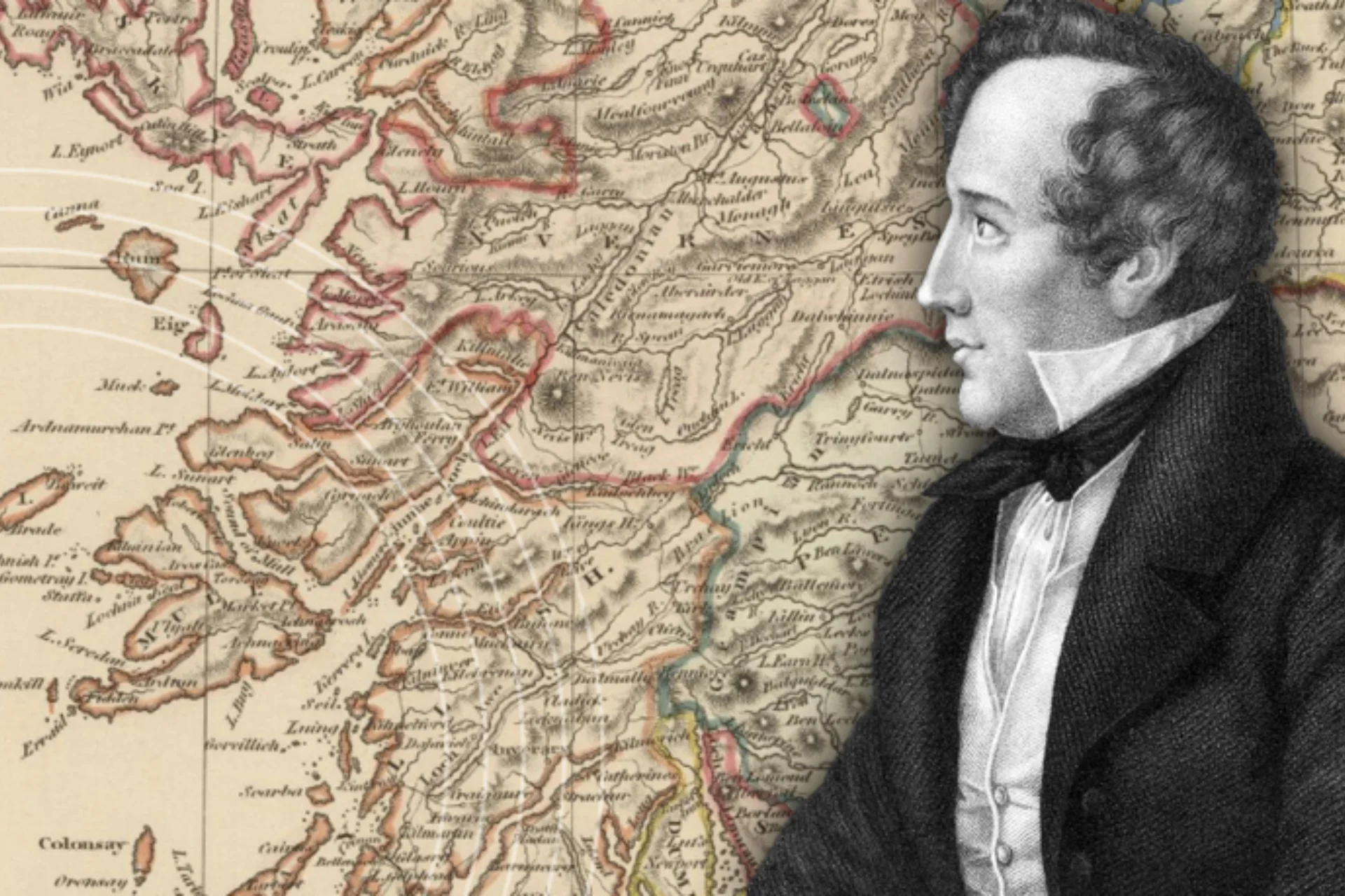 Black and white photo of Mendelssohn on top of sepia map of Scotland