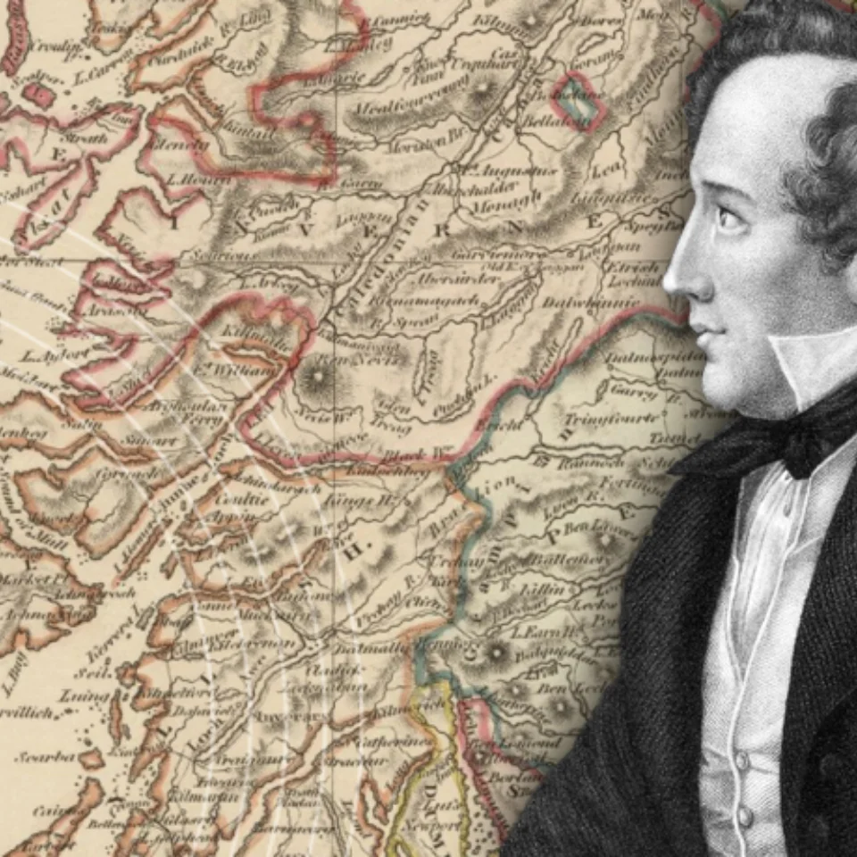 Black and white photo of Mendelssohn on top of sepia map of Scotland