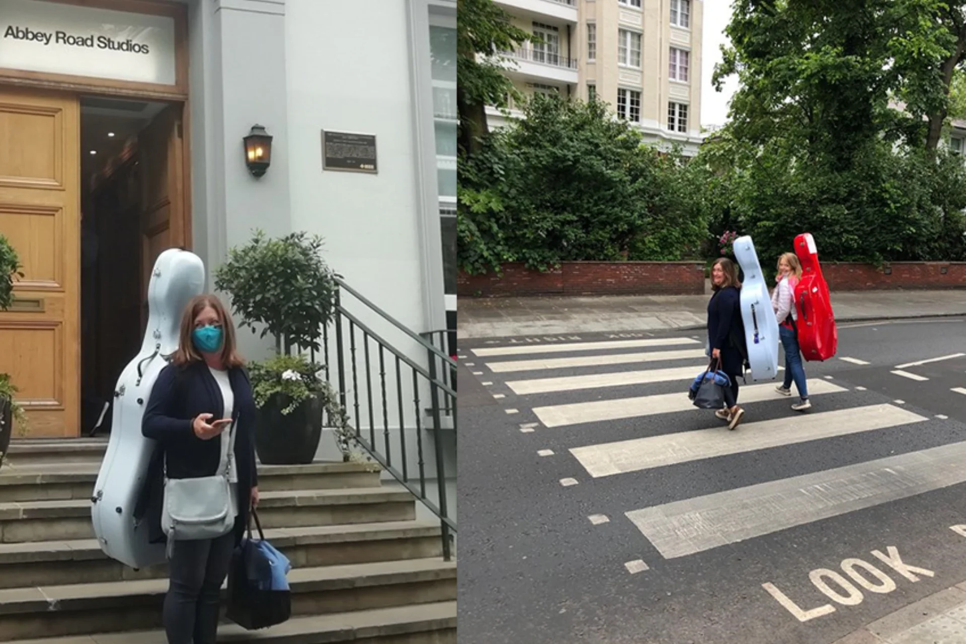 Left: Cellist in mask on stairs of Abbey Road Studio. Right: Two cellist crossing Abbey Road crosswalk.