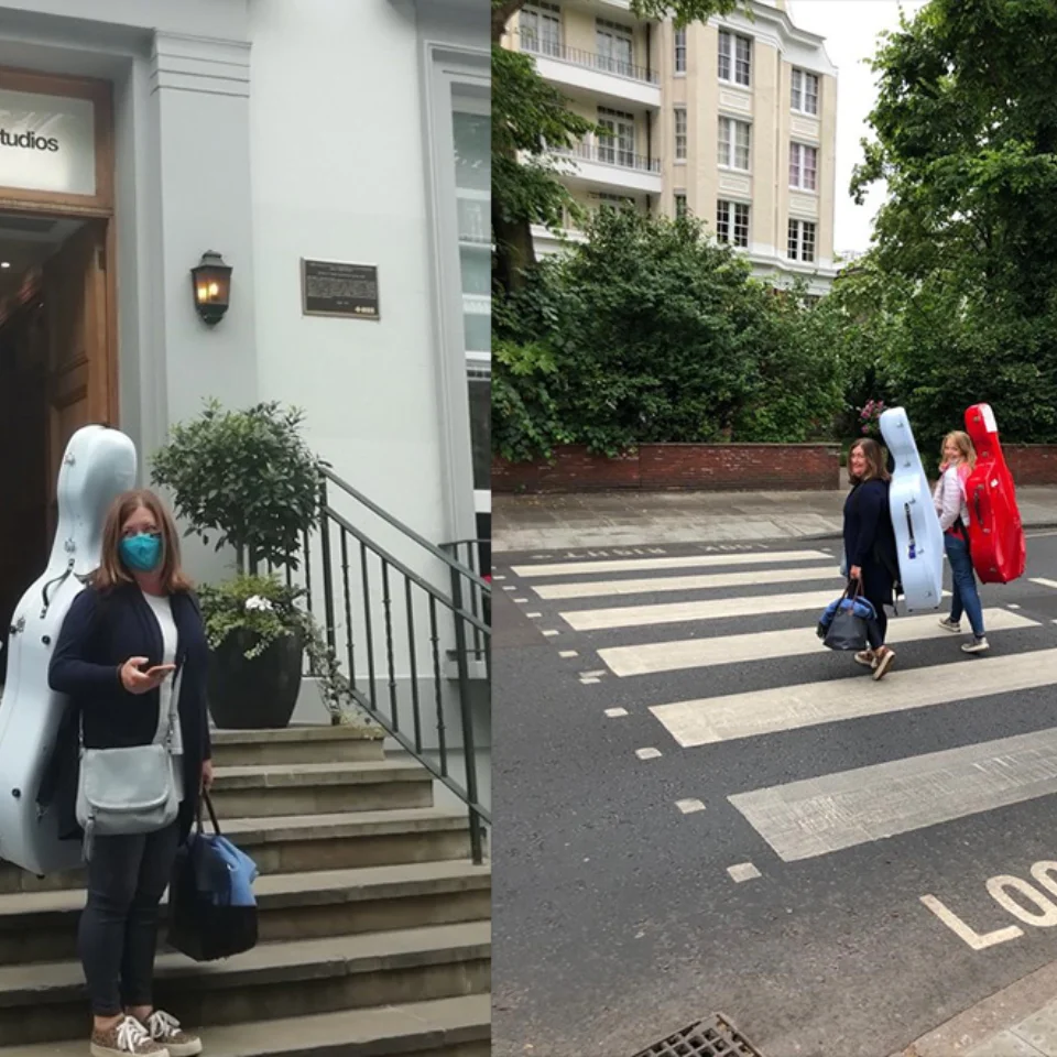 Left: Cellist in mask on stairs of Abbey Road Studio. Right: Two cellist crossing Abbey Road crosswalk.