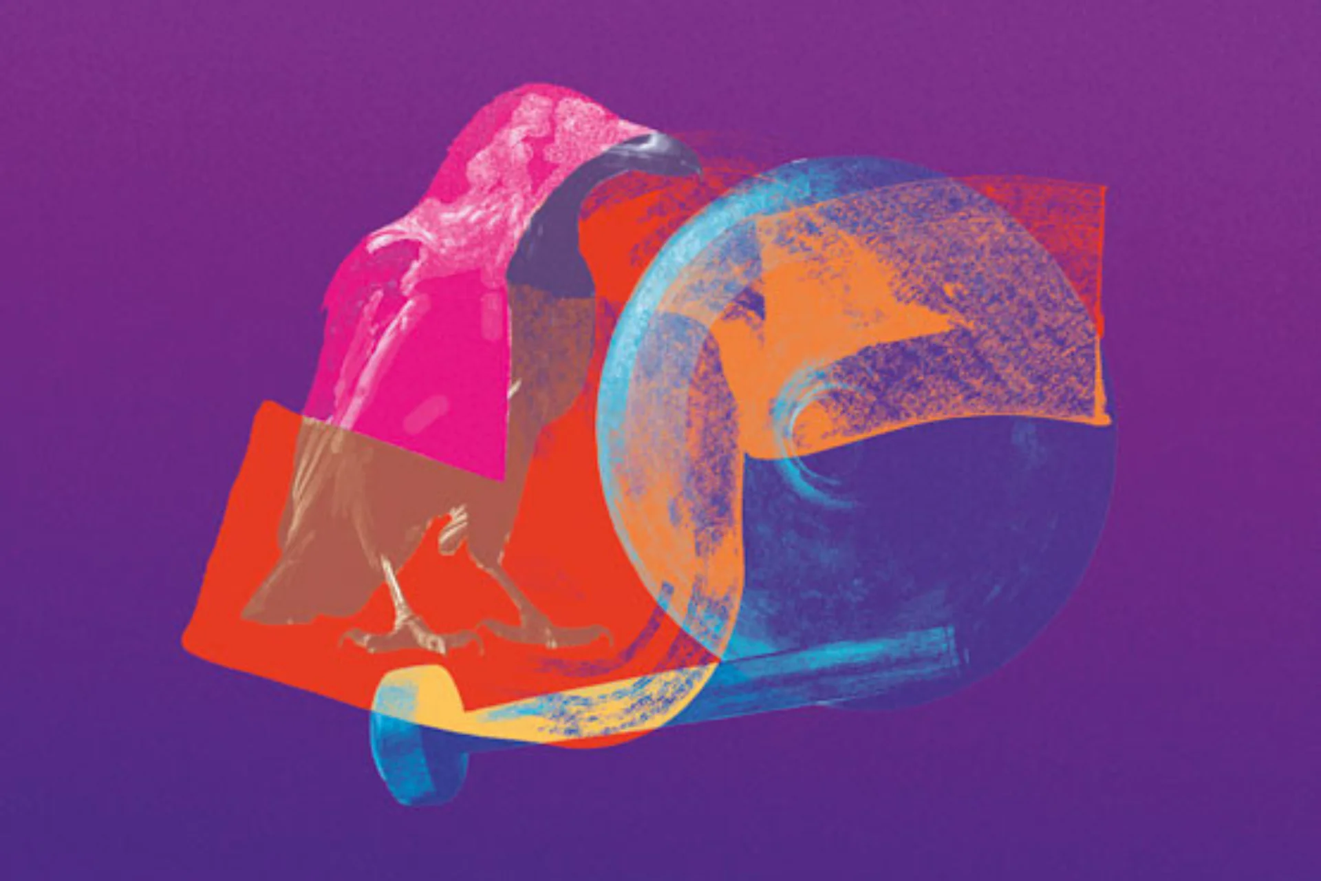 Red and orange brushstrokes on purple background