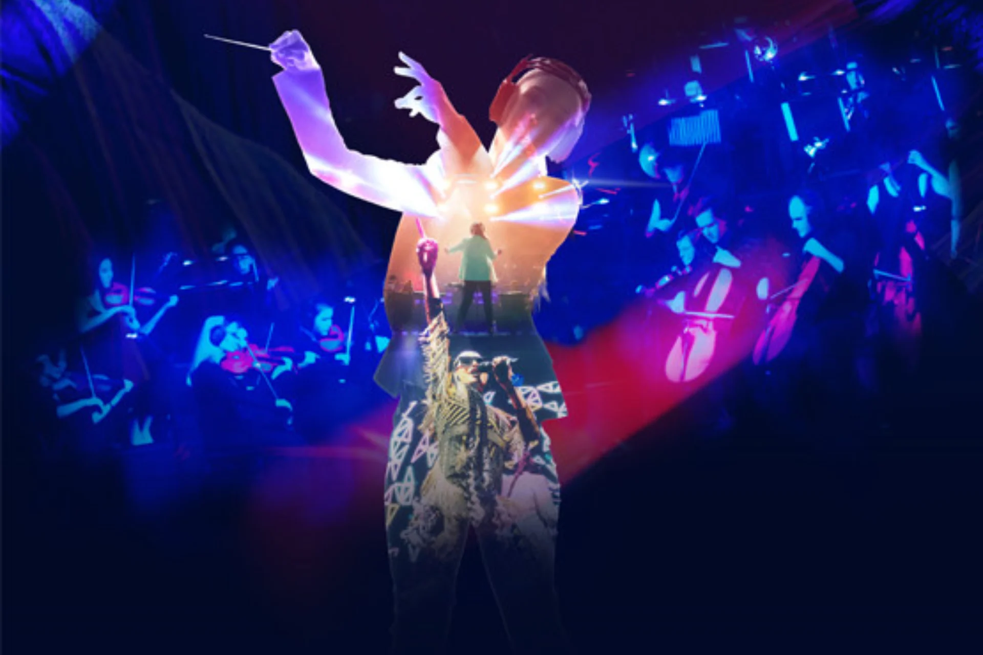 Graphic neon image featuring a conductor with headphones on in the foreground and a string orchestra in the background.