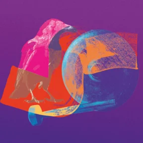 Red and orange brushstrokes on purple background