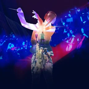 Graphic neon image featuring a conductor with headphones on in the foreground and a string orchestra in the background.